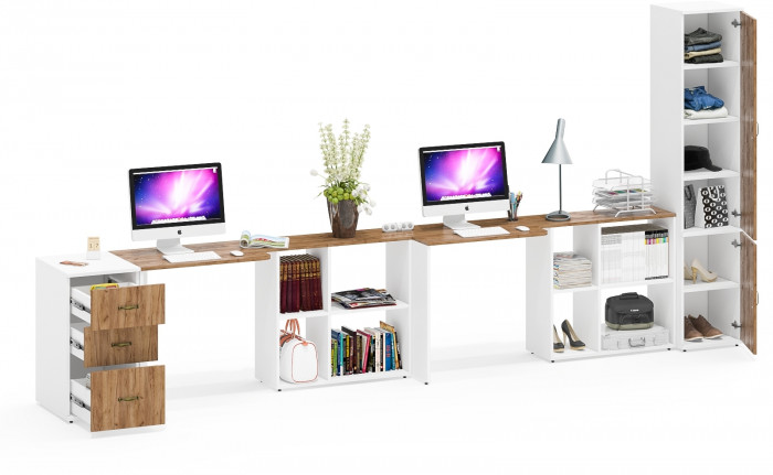 Лидер-8 Стол + Стол + Пенал МД 22Б + Тумба МД 3.16, белый шагрень/крафт золото