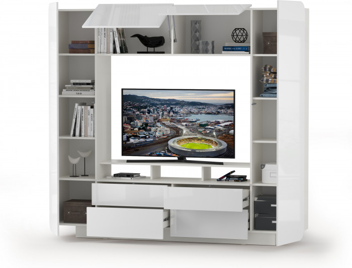 КР100 Румба 03.272 Шкаф комбинированный, цвет белый/белый глянец, ШхГхВ 218,8х38,4х195 см., ниша для тв 130х38х87 см.