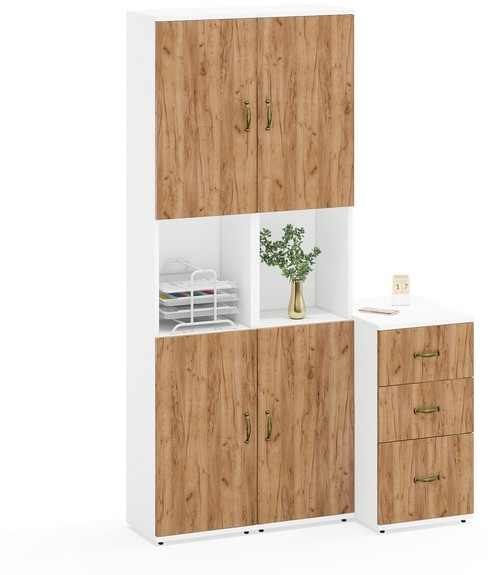 Лидер-8 Пенал + Пенал + Тумба МД 3.16, цвет белый шагрень/крафт золото, ШхГхВ 120х50х190 см., универсальная сборка