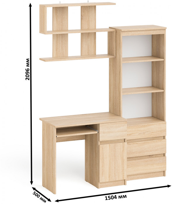 Мори Стол компьютерный МС-1 правый + Стеллаж МСТ600.3 + Полка 900, цвет дуб сонома, ШхГхВ 150,4х50х209,6 см., НЕ универсальная сборка