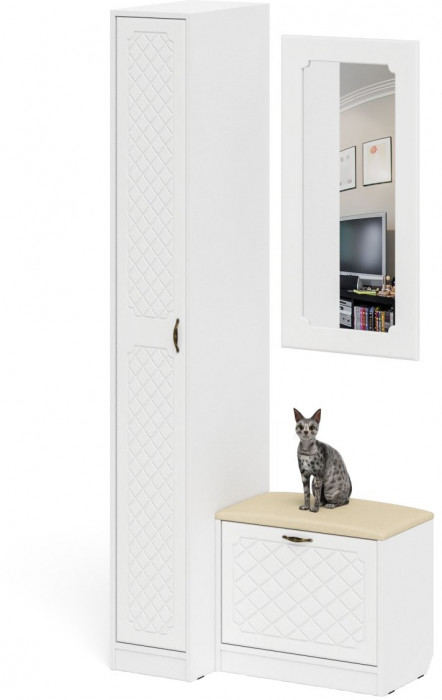 Прихожая П-6 Компоновка № 40, цвет белая шагрень/фасады МДФ белое дерево фрезеровка ромб, ШхГхВ 90х50х210 см., универсальная сборка