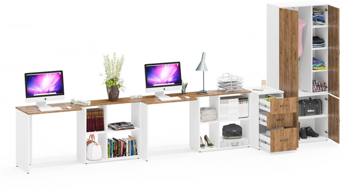 Лидер-8 Стол + Стол + Шкаф МД 20Б + Тумба МД 3.16, белый шагрень/крафт золото