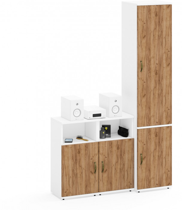 Лидер-8 Пенал МД 22Б + Тумба МД 3.19 + Тумба МД 3.19, цвет белый шагрень/крафт золото, ШхГхВ 120х37,5х190 см., универсальная сборка