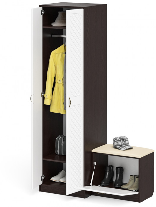Прихожая П-6 Компоновка № 10, цвет венге/фасады МДФ белое дерево фрезеровка ромб, ШхГхВ 120х50х210 см., универсальная сборка