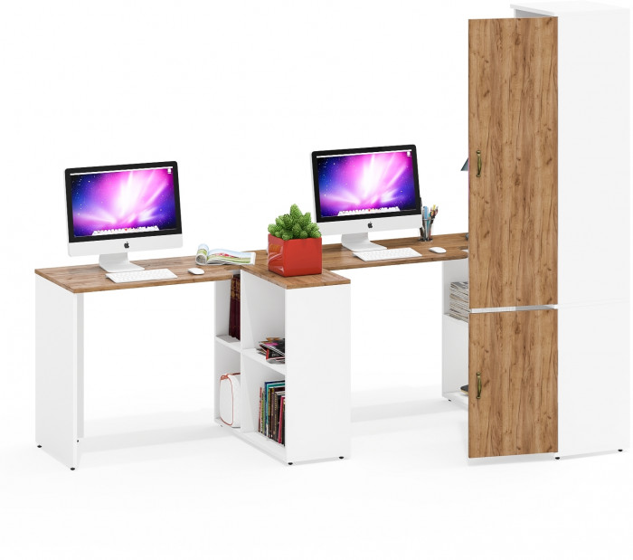 Лидер-8 Стол + Стол + Пенал МД 22Б, белый шагрень/крафт золото