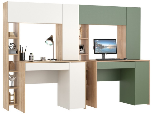 КР100 Два стола компьютерных Комфорт 12.71, цвет дуб сонома/белый/гикори рокфорд натуральный/дымчатый зелёный, ШхГхВ 233,4х60,2х165,4 см., НЕ ун. сб.