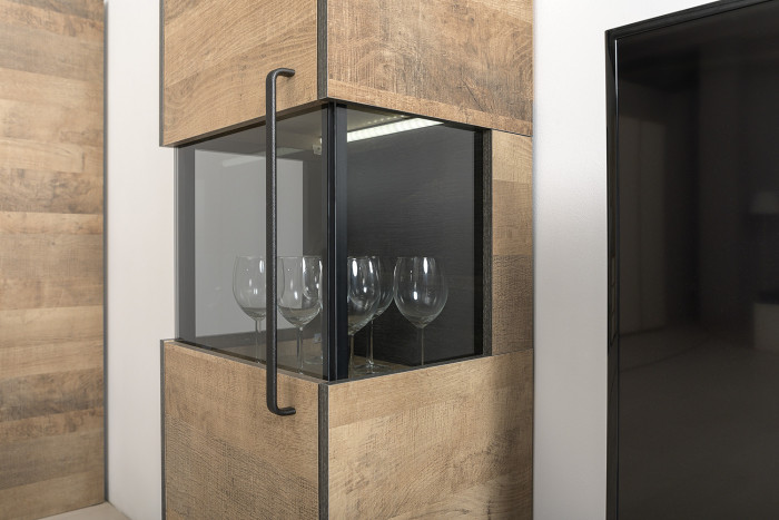 Трувор 13.205 Шкаф-пенал с витриной + 13.306 Комод с витриной, цвет дуб гранж песочный/интра, ШхГхВ 130,6х37х210 см., универсальная сборка