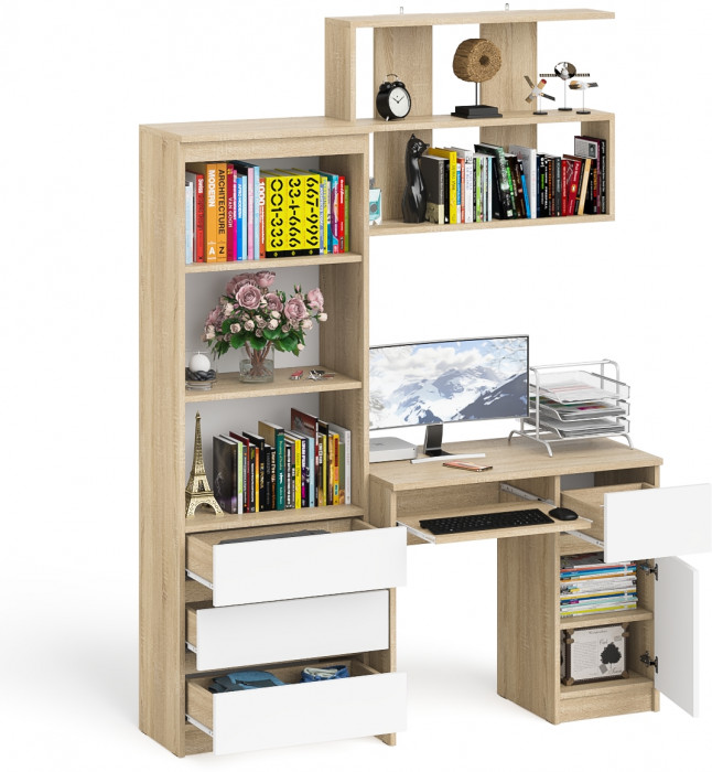 Мори Стол компьютерный МС-1 правый + Стеллаж МСТ600.3 + Полка 900, цвет дуб сонома/белый, ШхГхВ 150,4х50х209,6 см., НЕ универсальная сборка