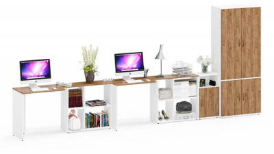 Лидер-8 Стол + Стол + Шкаф МД 20Б + Тумба МД 3.19, белый шагрень/крафт золото