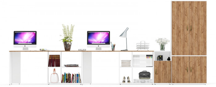 Лидер-8 Стол + Стол + Шкаф МД 20Б + Тумба МД 3.19, белый шагрень/крафт золото