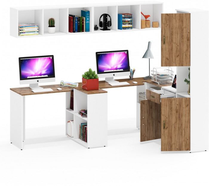 Лидер-8 Стол + Полка + Стол + Полка + Пенал + Тумба МД 3.15, цвет белый шагрень/крафт золото, 410х50/30х75/190 или 230х50/160х75/190 см., НЕ ун. сб.