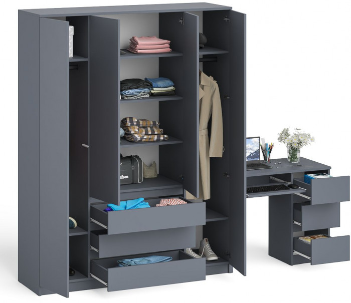 Мори Стол компьютерный МС-6 правый + Шкаф МШ1600.1, цвет графит, ШхГхВ 250,4х50,4х209,6 см., выдвижные ящики справа, НЕ универсальная сборка