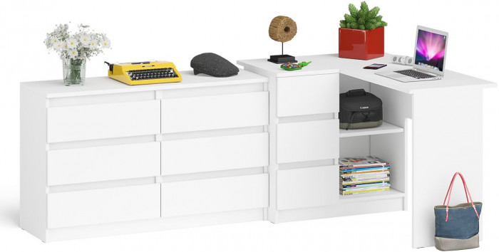 Мори Стол компьютерный МС-16 левый + Комод МК1200.6, цвет белый, ШхГхВ 244,8х84,9х76,6 см., выдвижные ящики слева, НЕ универсальная сборка