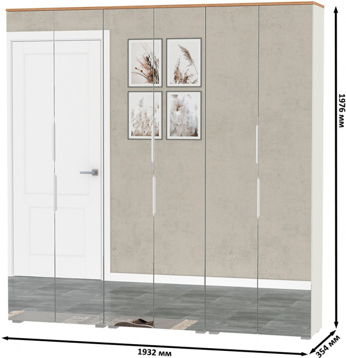 Октава 13.338 Шкаф для одежды + 13.338 Шкаф + 13.338, цвет белый шагрень/дуб крафт золотой/фасады МДФ белый шагрень/зеркало, ШхГхВ 193,2х35,3х197,6 см