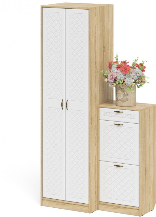 Прихожая П-6 Компоновка № 16, цвет дуб сонома/фасады МДФ белое дерево фрезеровка ромб, ШхГхВ 110х50х210 см., универсальная сборка