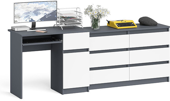 Мори Стол компьютерный МС-1 правый + Комод МК1200.6, цвет графит/белый, ШхГхВ 210,4х50х76,6 см., выдвижной ящик справа, НЕ универсальная сборка