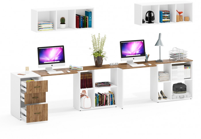 Лидер-8 Стол + Полка + Стол + Полка + Тумба МД 3.16, цвет белый шагрень/крафт золото, ШхГхВ 370х50/30х75/190 или 270х80/50х75/190 , НЕ универс. сборка