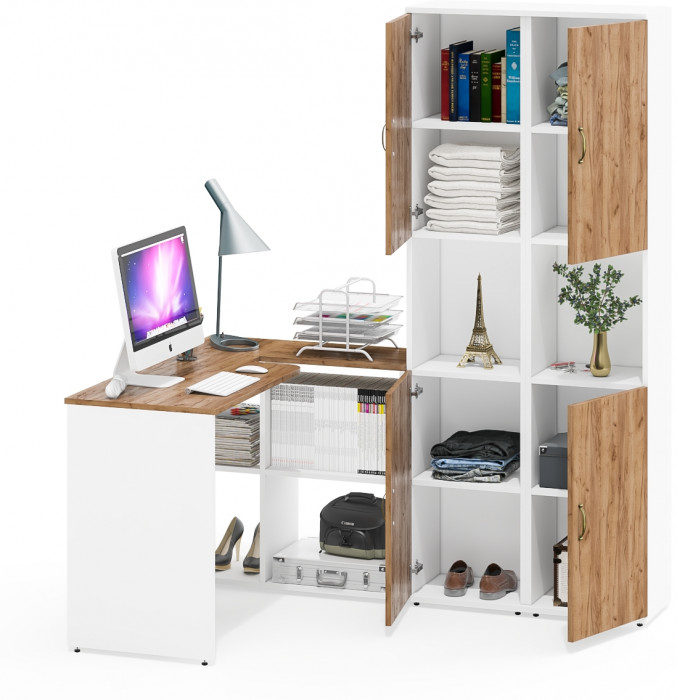 Лидер-8 Стол + Пенал + Пенал, белый шагрень/крафт золото