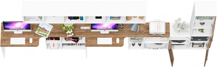 Лидер-8 Стол + Полка + Стол + Полка + Пенал + Тумба МД 3.19, цвет белый шагрень/крафт золото, 410х50/30х75/190 или 230х50/160х75/190 см., НЕ ун. сб.