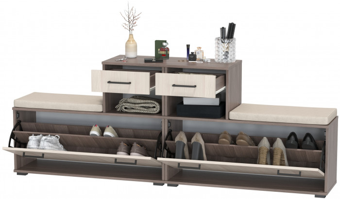 Лира ГК 2-0714+2-0714бод.тем/св Тумба под обувь, цвет бодега тёмный/бодега светлый, ШхГхВ 200х33х75,5 см., универсальная сборка