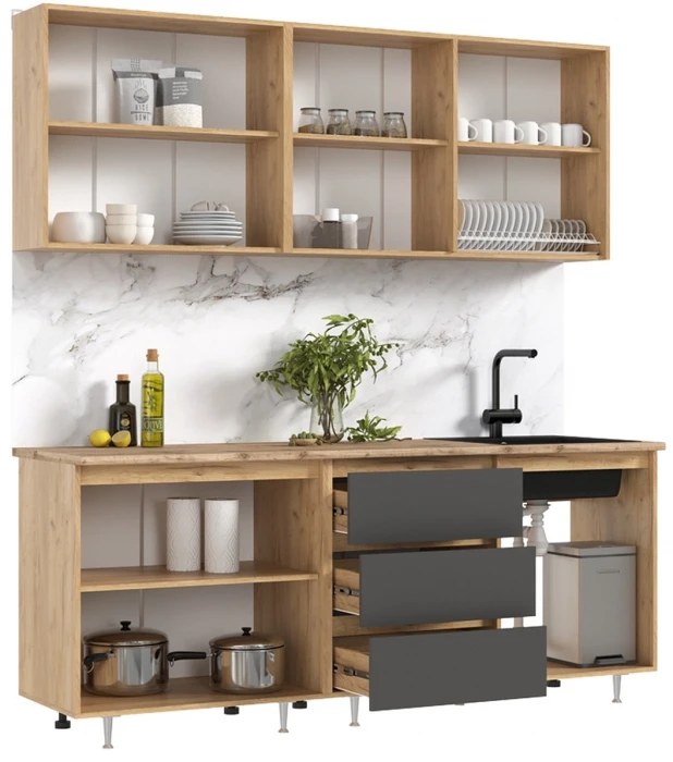 Кухня Челси 2,0м Компановка №2 графит/дуб крафт (вотан)