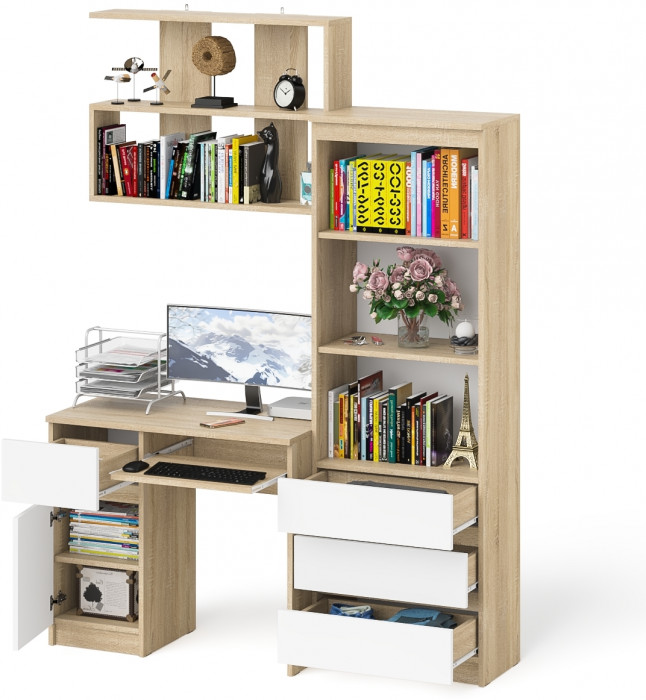 Мори Стол компьютерный МС-1 левый + Стеллаж МСТ600.3 + Полка 900, цвет дуб сонома/белый, ШхГхВ 150,4х50х209,6 см., НЕ универсальная сборка