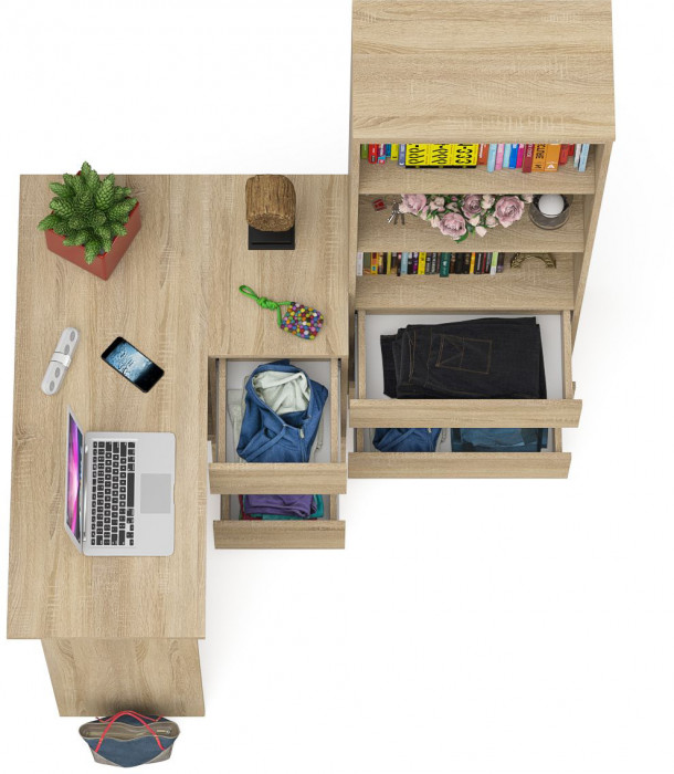 Мори компьютерный стол МС-16 правый + Стеллаж МСТ600.3, дуб сонома