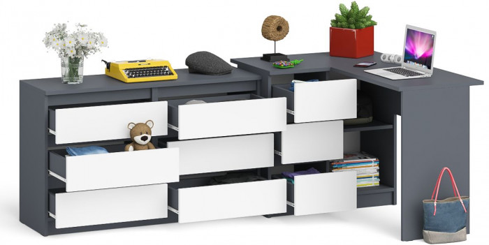 Мори Стол компьютерный МС-16 левый + Комод МК1200.6, цвет графит/белый, ШхГхВ 244,8х84,9х76,6 см., выдвижные ящики слева, НЕ универсальная сборка
