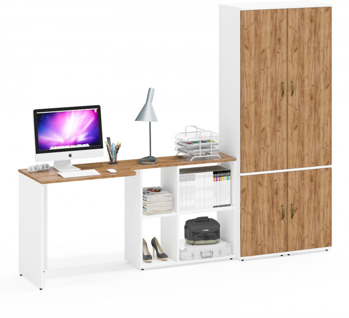 Лидер-8 Стол + Пенал МД 21Б + Пенал МД 21Б, белый шагрень/крафт золото