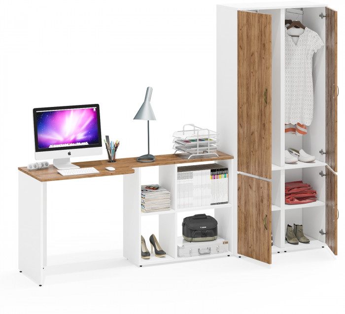 Лидер-8 Стол + Пенал МД 21Б + Пенал МД 21Б, белый шагрень/крафт золото