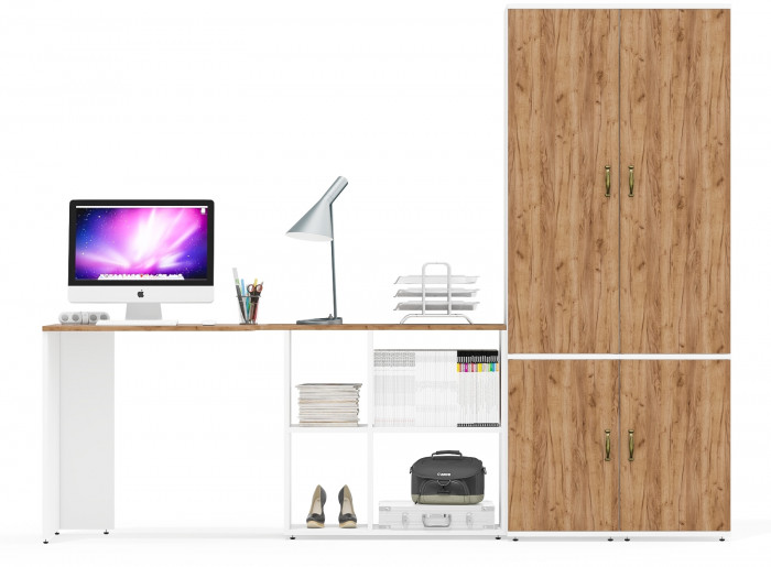 Лидер-8 Стол + Пенал МД 21Б + Пенал МД 21Б, белый шагрень/крафт золото