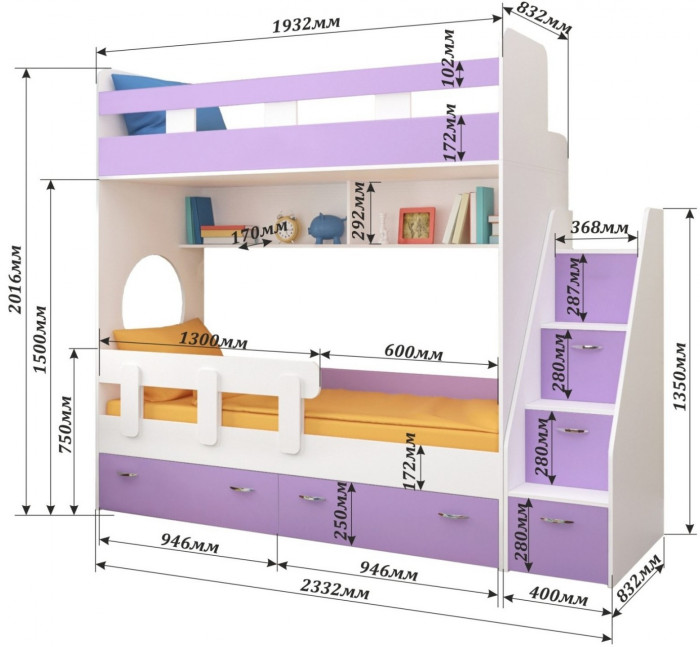 Двухъярусная кровать Юниор 1 + бортик Юниор (Белое дерево/Лайм)