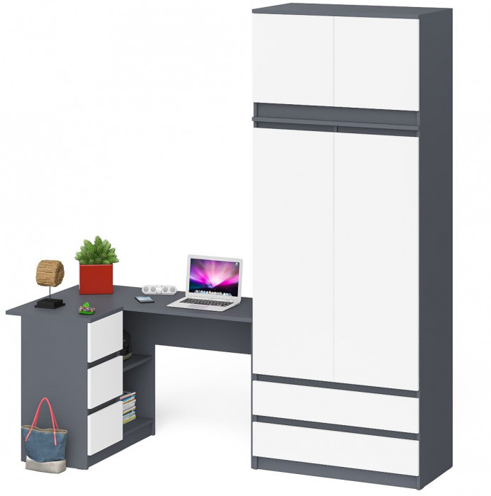 Мори Стол компьютерный МС-16 левый + Шкаф МШ900.1 + Антресоль МА900.1, цвет графит/белый, ШхГхВ 214,8х84,9х234,2 см., выдвиж. ящики слева, НЕ ун. сб.