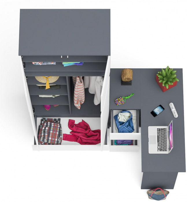 Мори Стол компьютерный МС-16 левый + Шкаф МШ900.1 + Антресоль МА900.1, цвет графит/белый, ШхГхВ 214,8х84,9х234,2 см., выдвиж. ящики слева, НЕ ун. сб.