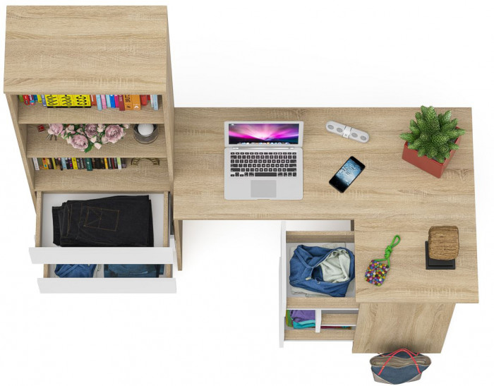 Мори компьютерный стол МС-16 правый + Стеллаж МСТ600.3, дуб сонома/белый