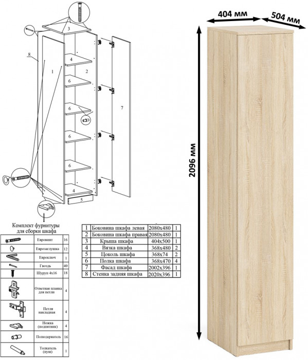 Мори Стол письменный МСП1200.1 + Пенал МШ400.1, цвет дуб сонома, ШхГхВ 160,8х50,4х209,6 см., универсальная сборка
