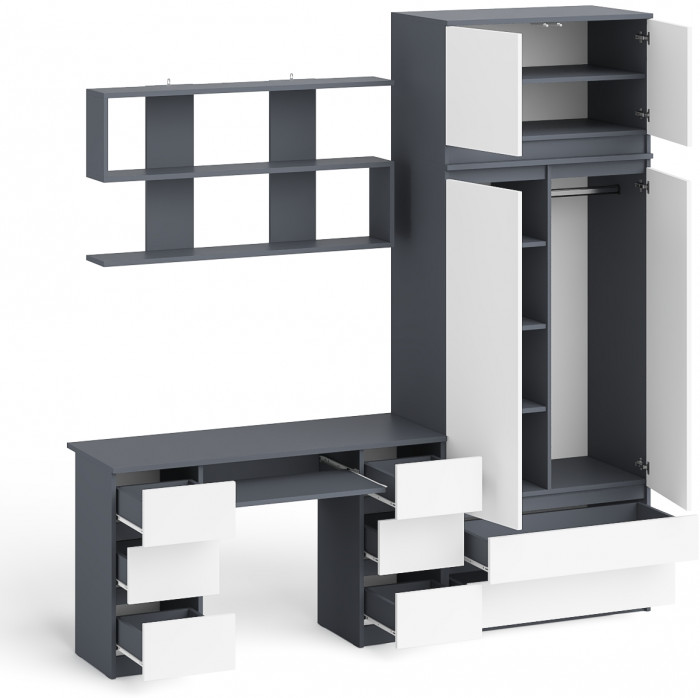 Мори компьютерный стол МС-2 + Шкаф МШ900.1 + Антресоль МА900.1 + Полка 1200, графит/белый