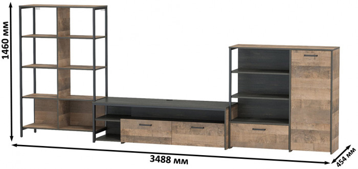 Трувор Гостиная 044, цвет дуб гранж песочный/интра, ШхГхВ 348,8х45,4х146 см., универсальная сборка