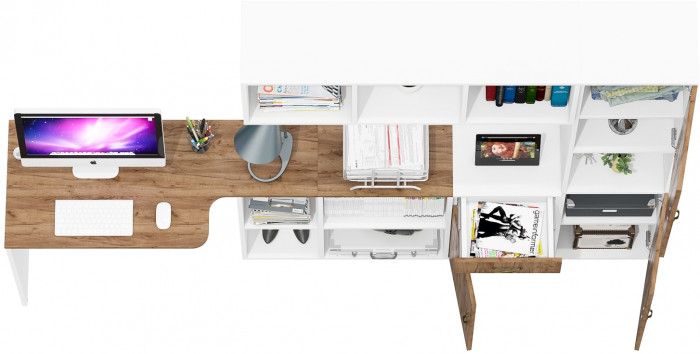 Лидер-8 Стол + Полка + Тумба МД 3.15 + Пенал, цвет белый шагрень/крафт золото, ШхГхВ 370х50/30х75/190 или 230х50/120х75/190  см., НЕ универс. сб.