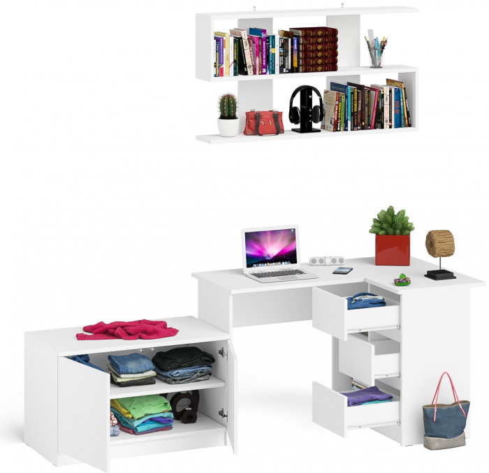 Мори компьютерный стол МС-16 правый + Тумба МА900.1 + Полка 1200, белый