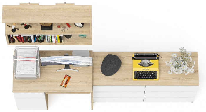 Мори Стол компьютерный МС-1 левый + Комод МК1200.6 + Полка 900, цвет дуб сонома/белый, ШхГхВ 210,4х50х209,6 см., НЕ универсальная сборка