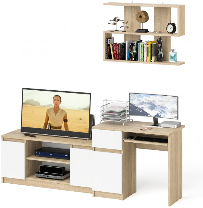 Мори Стол компьютерный МС-1 левый + Тумба МТВ1200.1 + Полка 900, цвет дуб сонома/белый, ШхГхВ 210,4х50х209,6 см., НЕ универсальная сборка