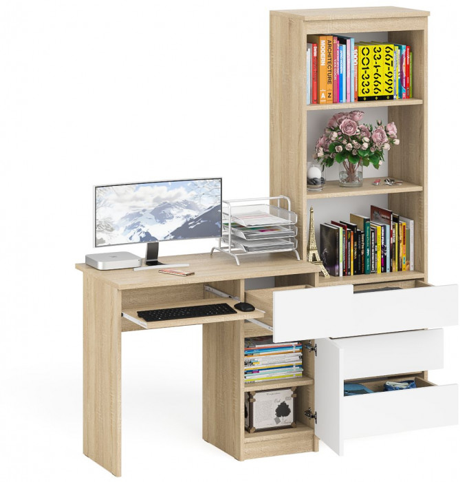 Мори Стол компьютерный МС-1 правый + Стеллаж МСТ600.3, цвет дуб сонома/белый, ШхГхВ 150,4х50х179,6 см., выдвижной ящик справа, НЕ универсальная сборка