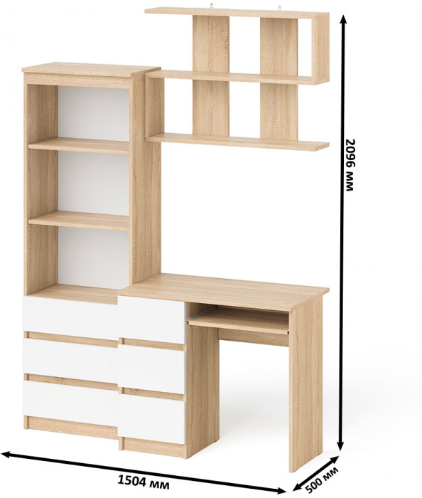 Мори Стол компьютерный МС-6 левый + Стеллаж МСТ600.3 + Полка 900, цвет дуб сонома/белый, ШхГхВ 150,4х50х209,6 см., НЕ универсальная сборка