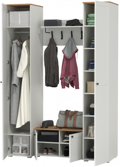 Остин Прихожая 37, цвет белый шагрень/дуб крафт золотой, ШхГхВ 160х54,3х229,6 см., универсальная сборка