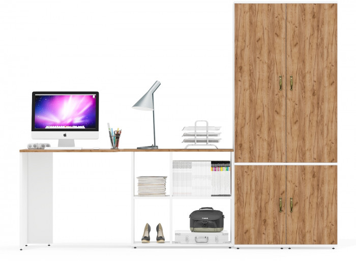 Лидер-8 Стол + Пенал МД 22Б + Пенал МД 22Б, белый шагрень/крафт золото