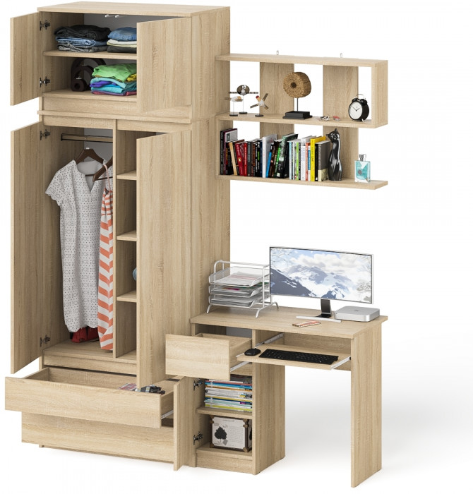 Мори компьютерный стол МС-1 левый + Шкаф МШ900.1 + Антресоль МА900.1 + Полка 900, дуб сонома