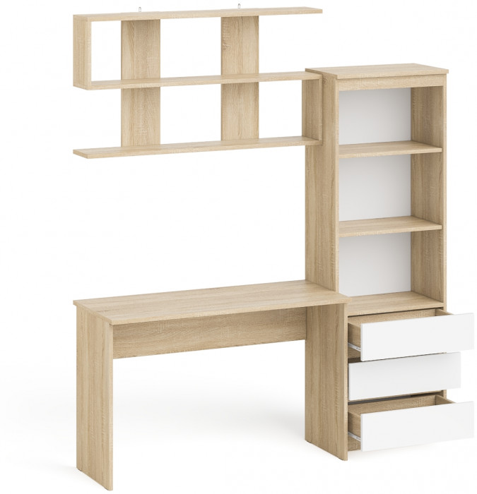 Мори письменный стол МСП1200.1 + Стеллаж МСТ600.3 + Полка 1200, дуб сонома/белый