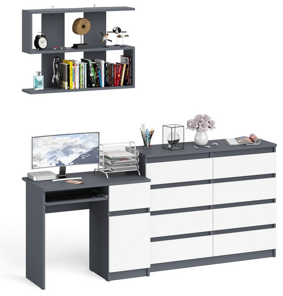 Мори Стол компьютерный МС-1 правый + Комод МК1200.8 + Полка 900, цвет графит/белый, ШхГхВ 210,4х50х209,6 см., НЕ универсальная сборка