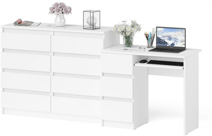 Мори Стол компьютерный МС-6 левый + Комод МК1200.8, цвет белый, ШхГхВ 210,4х50х94 см., выдвижные ящики слева, НЕ универсальная сборка
